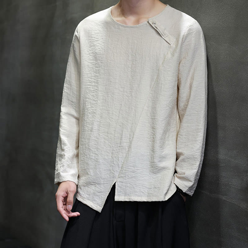 Camisas de algodón para hombre, cuello redondo, manga larga, sueltas, de color liso y con Buddha Stones - image 17