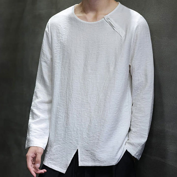 Camisas de algodón para hombre, cuello redondo, manga larga, sueltas, de color liso y con Buddha Stones - Blanco - US/UK/AU44, UE54 (5XL) - image 0