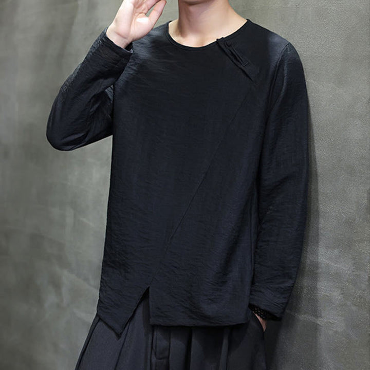 Camisas de algodón para hombre, cuello redondo, manga larga, sueltas, de color liso y con Buddha Stones - image 33