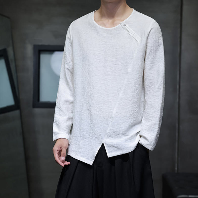 Camisas de algodón para hombre, cuello redondo, manga larga, sueltas, de color liso y con Buddha Stones - image 1