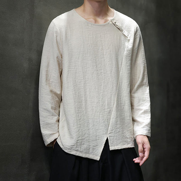 Camisas de algodón para hombre, cuello redondo, manga larga, sueltas, de color liso y con Buddha Stones - image 21