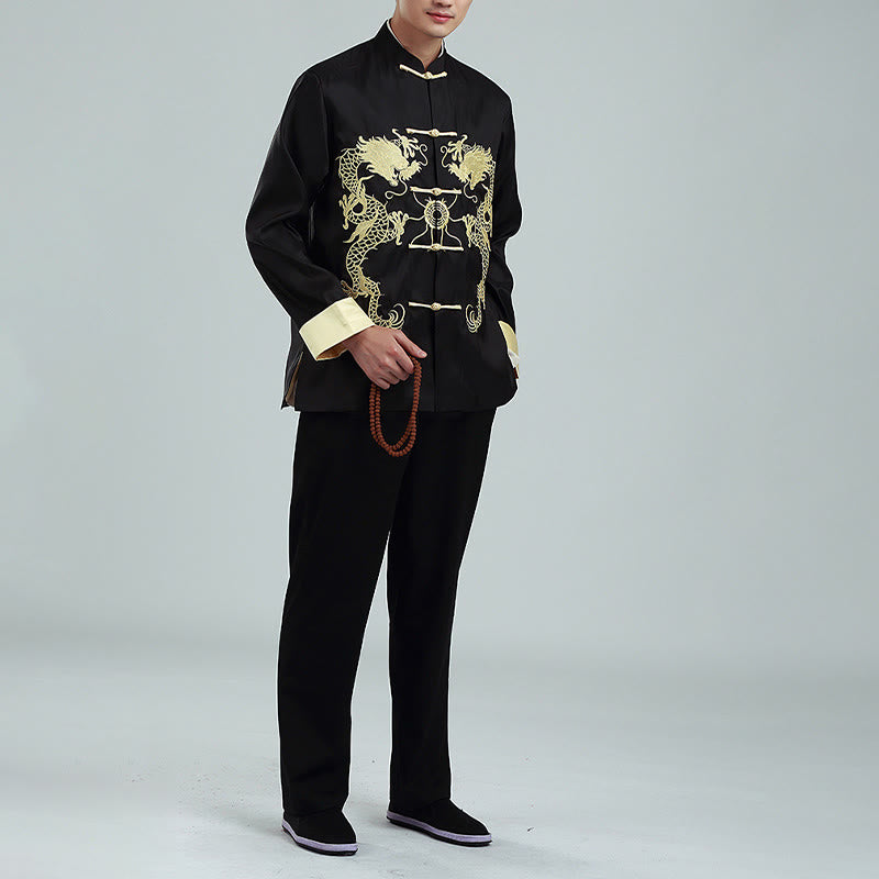 Chaqueta de hombre de fibra de poliéster con botones de rana y mangas con bordado de dragón y Buddha Stones , informal, camisa y pantalones - image 14