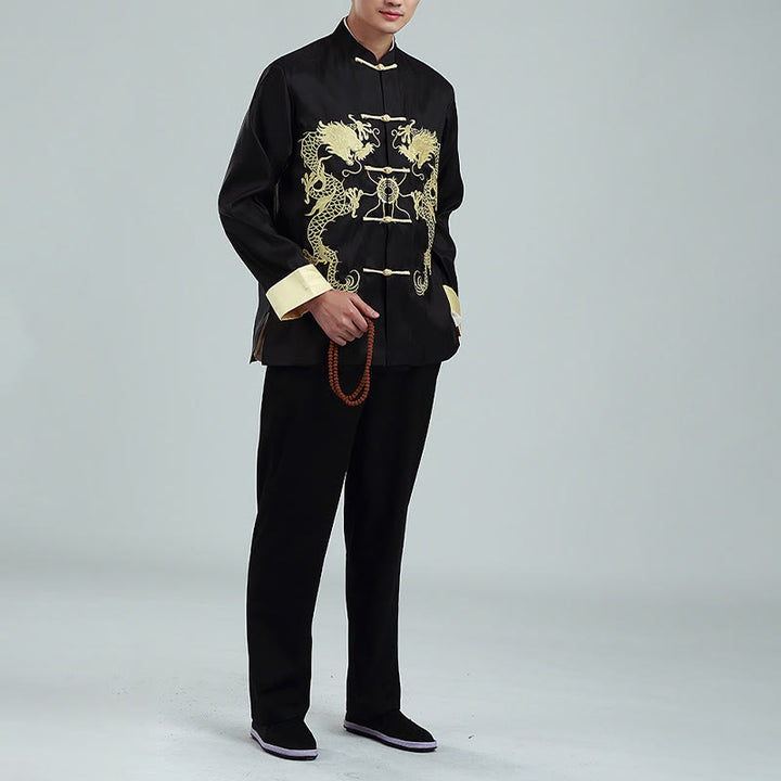 Chaqueta de hombre de fibra de poliéster con botones de rana y mangas con bordado de dragón y Buddha Stones , informal, camisa y pantalones - image 14