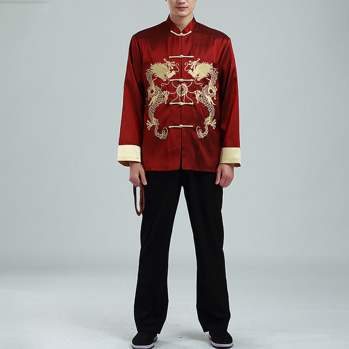 Chaqueta de hombre de fibra de poliéster con botones de rana y mangas con bordado de dragón y Buddha Stones , informal, camisa y pantalones - image 3