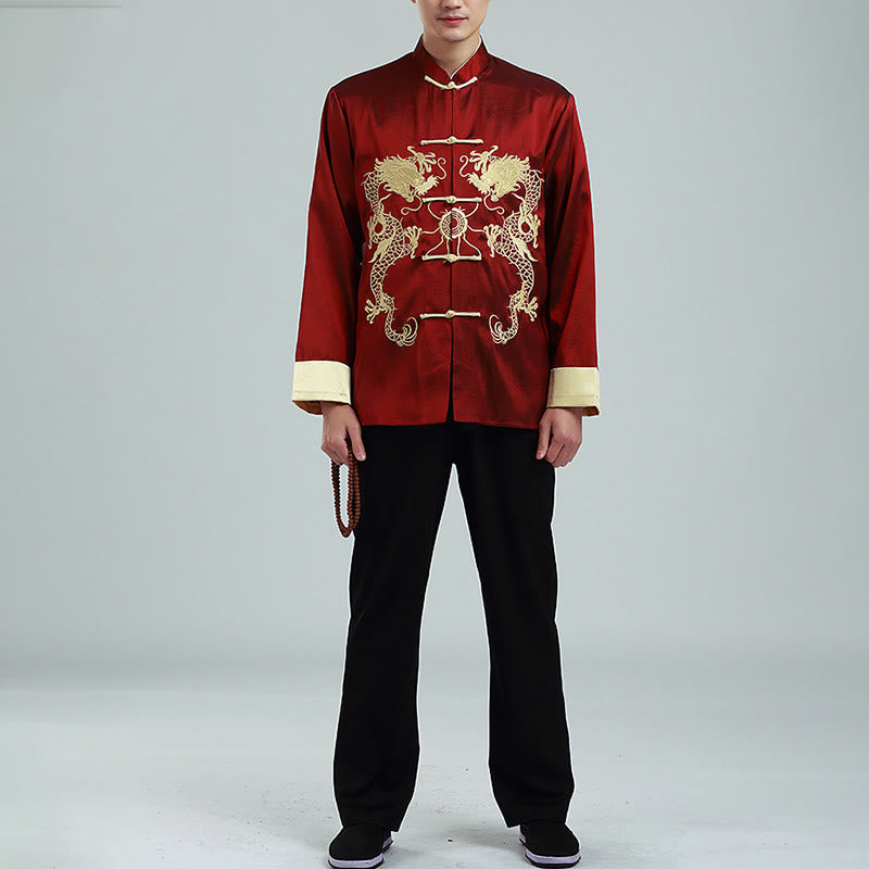 Chaqueta de hombre de fibra de poliéster con botones de rana y mangas con bordado de dragón y Buddha Stones , informal, camisa y pantalones - image 3