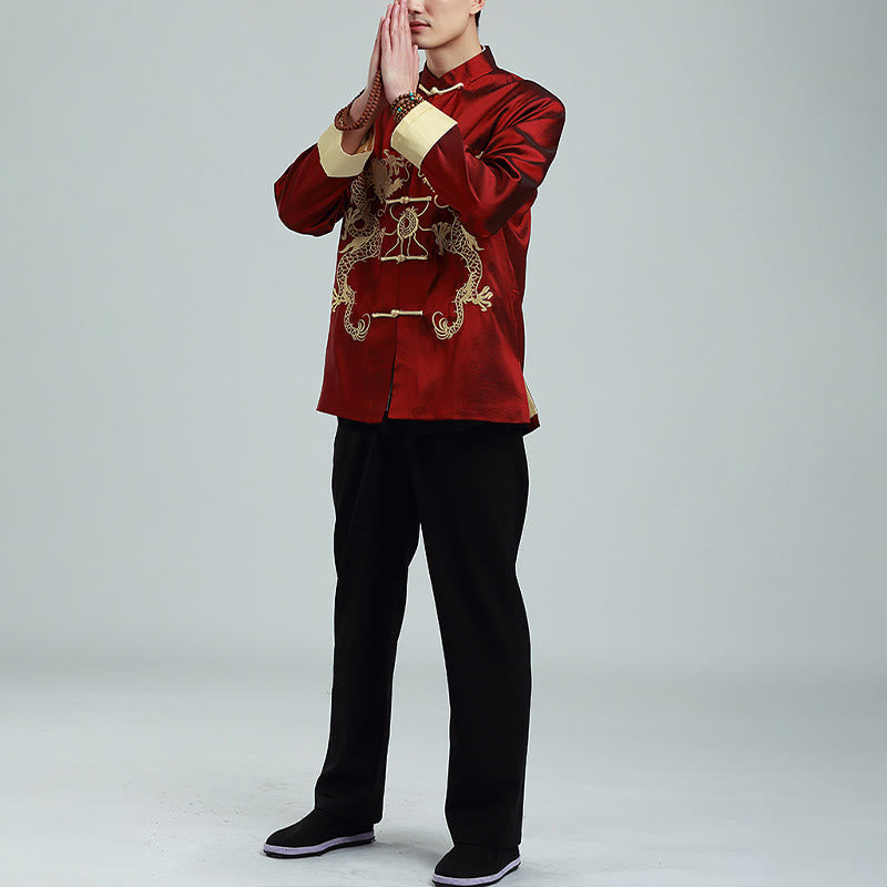 Chaqueta de hombre de fibra de poliéster con botones de rana y mangas con bordado de dragón y Buddha Stones , informal, camisa y pantalones - image 4