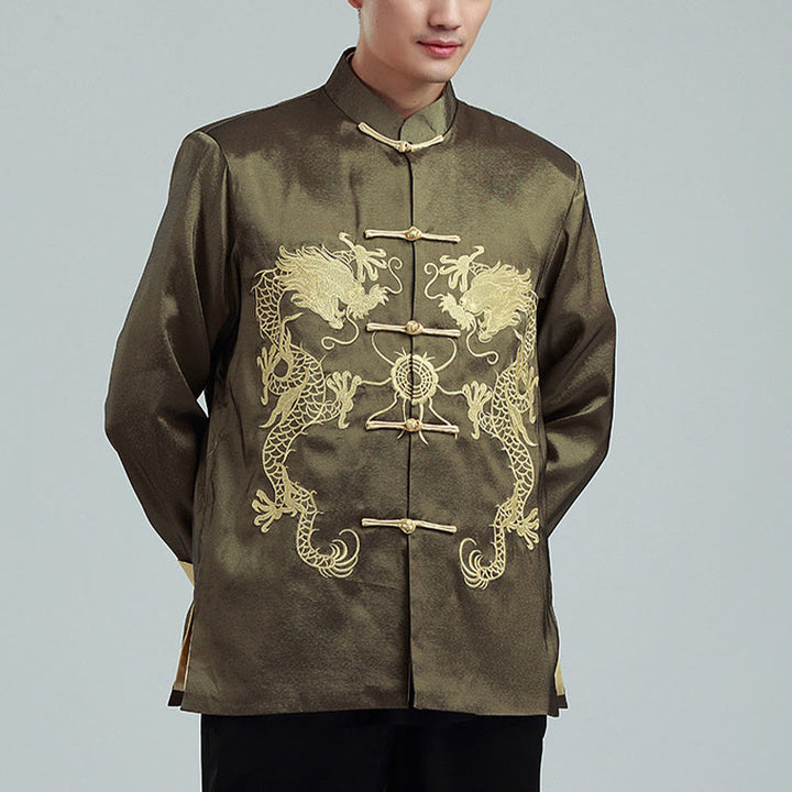 Chaqueta de hombre de fibra de poliéster con botones de rana y mangas con bordado de dragón y Buddha Stones , informal, camisa y pantalones - image 19