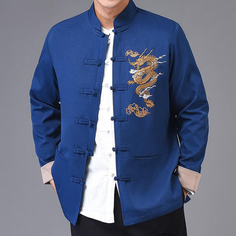 Chaqueta de poliéster con botones de rana y bordado de dragón y Buddha Stones para hombre, ropa con bolsillos - image 17