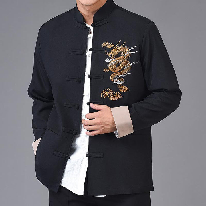 Chaqueta de poliéster con botones de rana y bordado de dragón y Buddha Stones para hombre, ropa con bolsillos - Negro - US/UK/AU44, EU54 (4XL) - image 0