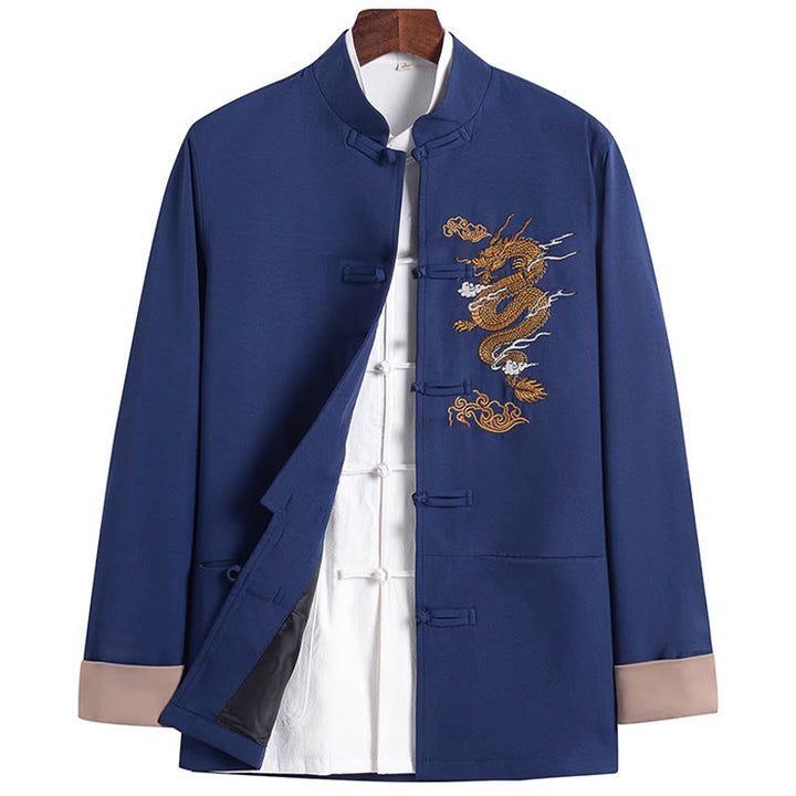 Chaqueta de poliéster con botones de rana y bordado de dragón y Buddha Stones para hombre, ropa con bolsillos - image 19