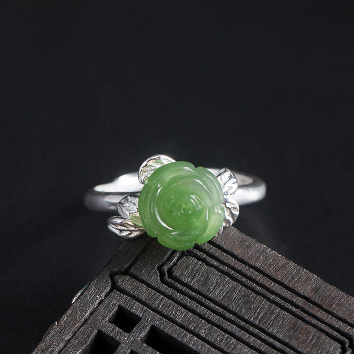 Anillo ajustable de plata de ley 925 con Buddha Stones y rosa de jade verde - Jade Rose (circunferencia: 56-59 mm) - image 0