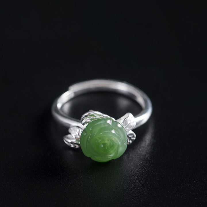 Anillo ajustable de plata de ley 925 con Buddha Stones y rosa de jade verde - image 10