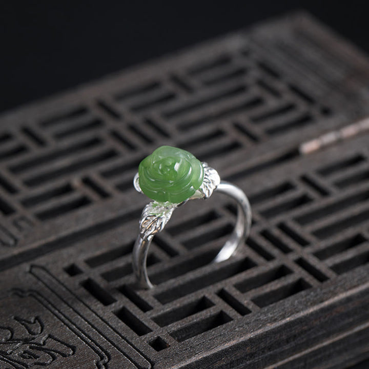 Anillo ajustable de plata de ley 925 con Buddha Stones y rosa de jade verde - image 3