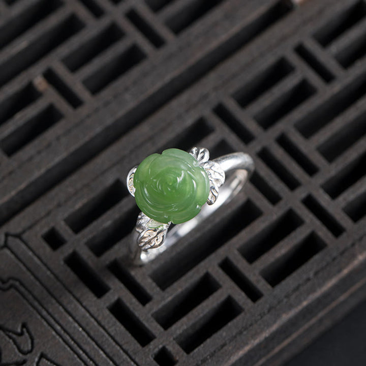 Anillo ajustable de plata de ley 925 con Buddha Stones y rosa de jade verde - image 8