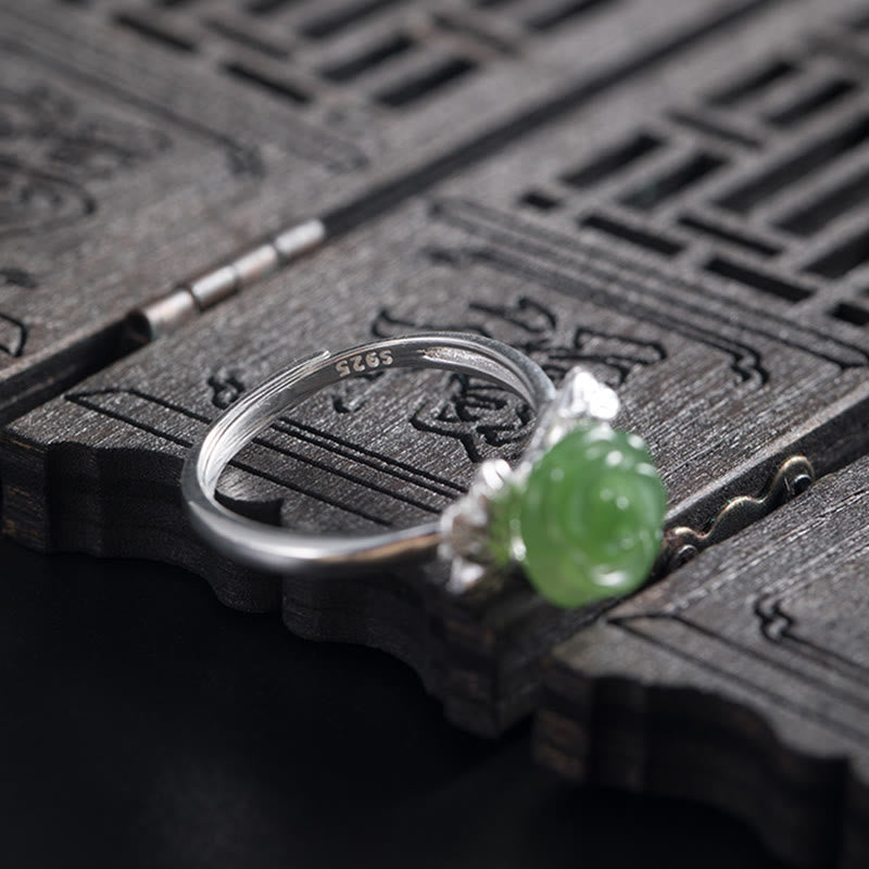 Anillo ajustable de plata de ley 925 con Buddha Stones y rosa de jade verde - image 1