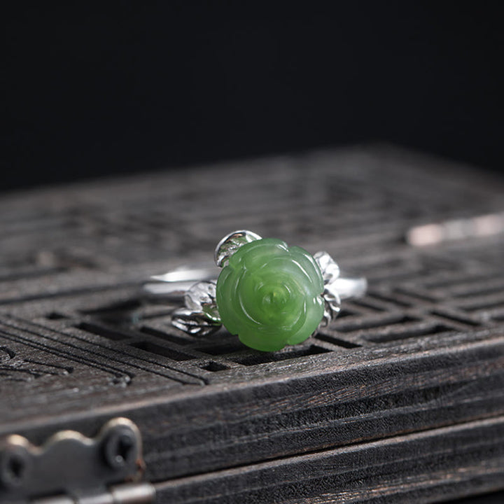 Anillo ajustable de plata de ley 925 con Buddha Stones y rosa de jade verde - image 2