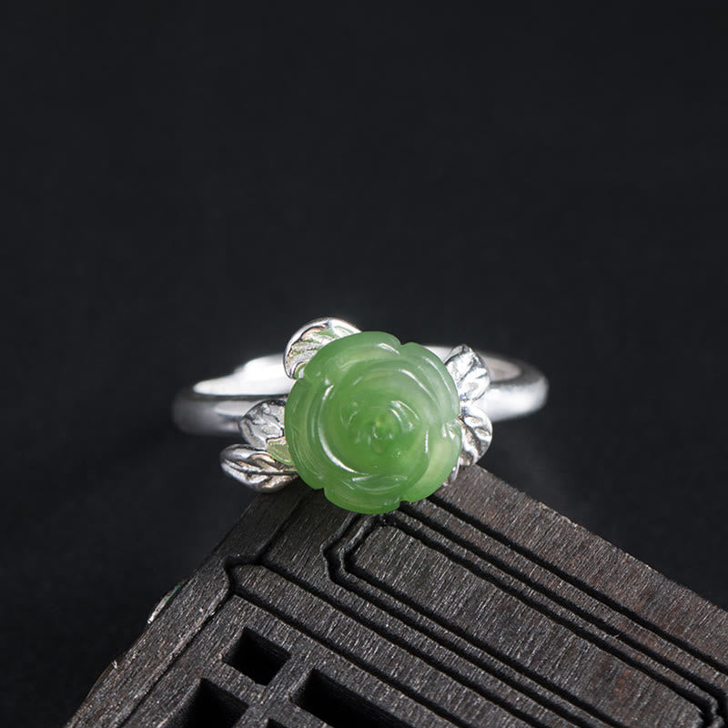 Anillo ajustable de plata de ley 925 con Buddha Stones y rosa de jade verde - Jade Rose (circunferencia: 56-59 mm) - image 0