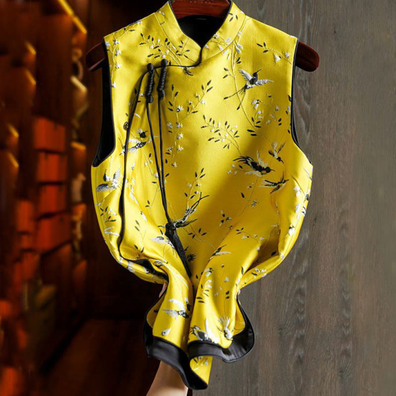 Chaleco con botones y nudo con diseño de plantas y grullas bordadas con Buddha Stones - image 1