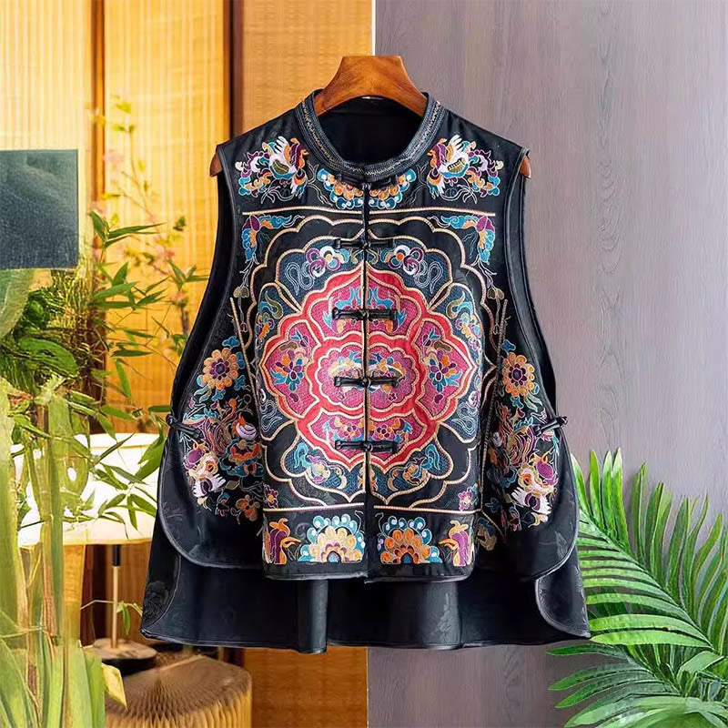 Chaleco con estampado de flores y nubes de colores y bordado vintage con Buddha Stones - Negro - US12, UK/AU16, EU44 (3XL) - image 1