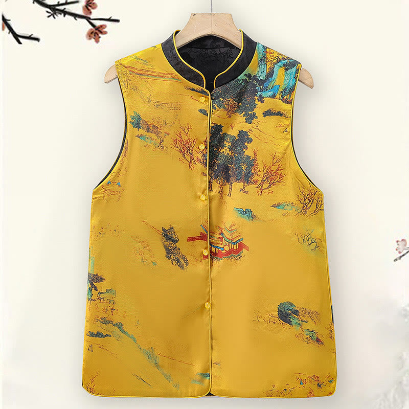Chaleco de doble cara con estampado de flor de ciruelo y bordado vintage con Buddha Stones - image 2