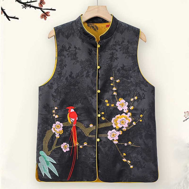 Chaleco de doble cara con estampado de flor de ciruelo y bordado vintage con Buddha Stones - Negro - US16, UK/AU20, EU48 (5XL) - image 0