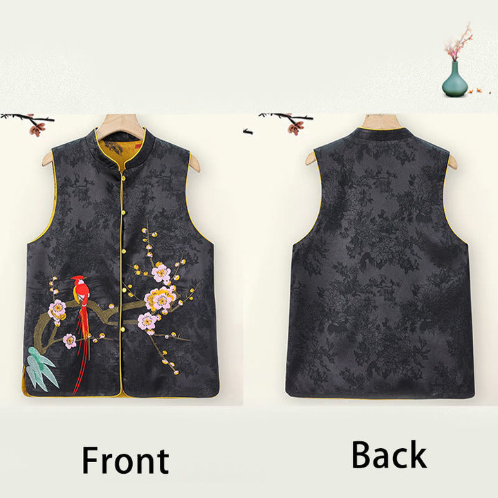 Chaleco de doble cara con estampado de flor de ciruelo y bordado vintage con Buddha Stones - image 11