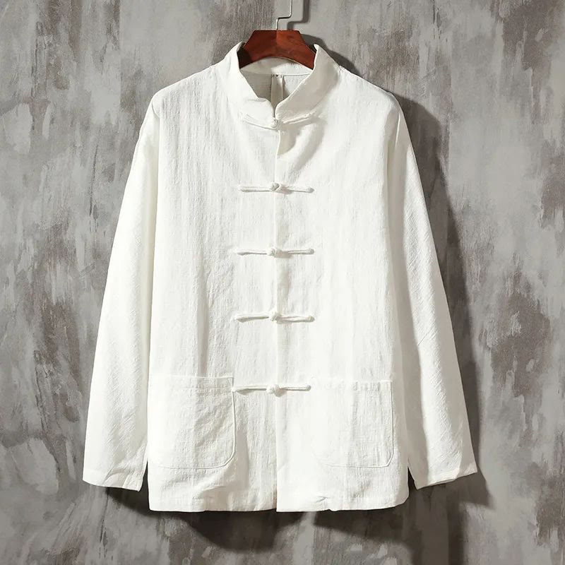 Camisa informal de lino y algodón con cuello alto y Buddha Stones - Blanco - US/UK/AU44, EU54 (5XL) - image 1