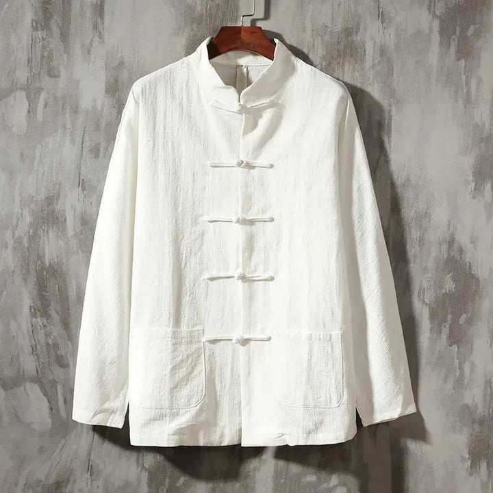 Camisa informal de lino y algodón con cuello alto y Buddha Stones - Blanco - US/UK/AU44, EU54 (5XL) - image 1