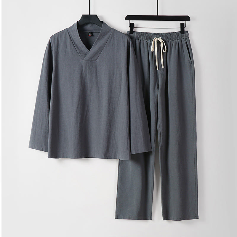 Conjunto de ropa para hombre, traje Tang de algodón con cuello cruzado y Buddha Stones , pantalones y parte superior de Hanfu - Gris - US/UK/AU54, EU64 (9XL) - image 0