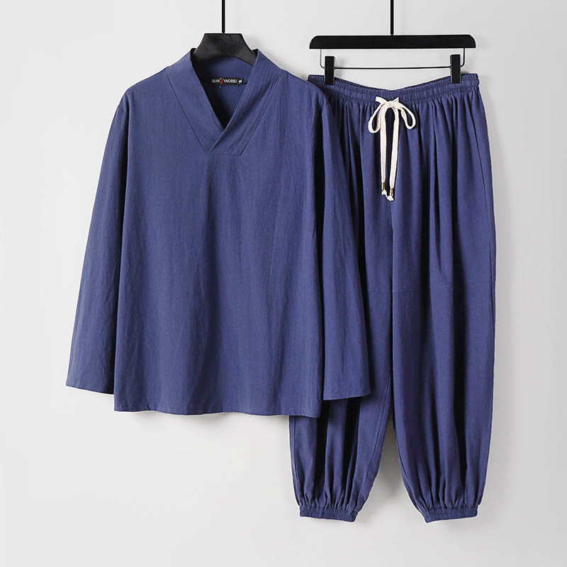 Pantalones cortos con Buddha Stones , traje Tang de algodón, conjunto de ropa Hanfu para hombre - Azul pizarra oscuro - US/UK/AU54, EU64 (9XL) - image 19