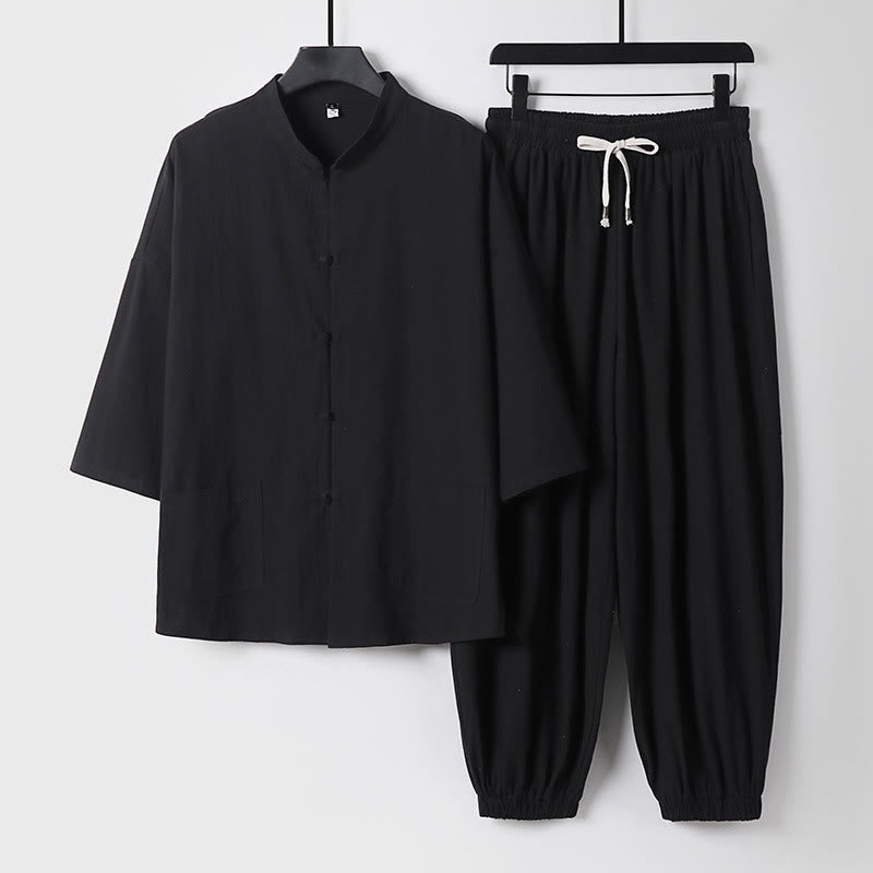 Pantalones cortos de algodón con mangas tres cuartos y estampado de Buddha Stones para hombre - Negro - US/UK/AU50, EU60 (7XL) - image 4