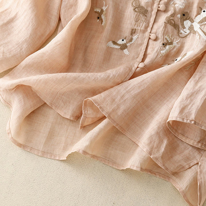 Blusa informal de cuello redondo con Buddha Stones , camisa de manga larga bordada, top de lino y algodón, camisas para mujer - image 3