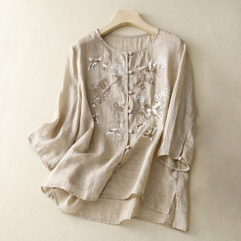 Blusa informal de cuello redondo con Buddha Stones , camisa de manga larga bordada, top de lino y algodón, camisas para mujer - Broncearse - US/UK/AU40, EU50 (2XL) - image 6