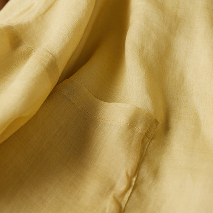 Camisa de algodón y lino con cuello en V, informal, de manga larga, color liso, talla grande, Buddha Stones para mujer