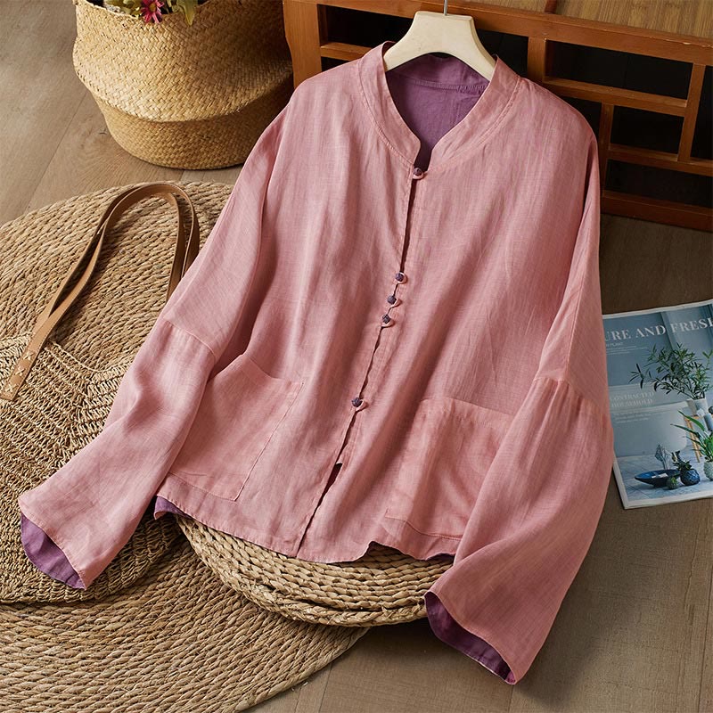 Camisa de algodón y lino con cuello en V, informal, de manga larga, color liso, talla grande, Buddha Stones para mujer - Rosa y morado - US14，UK/AU18，EU46 (2XL) - image 12