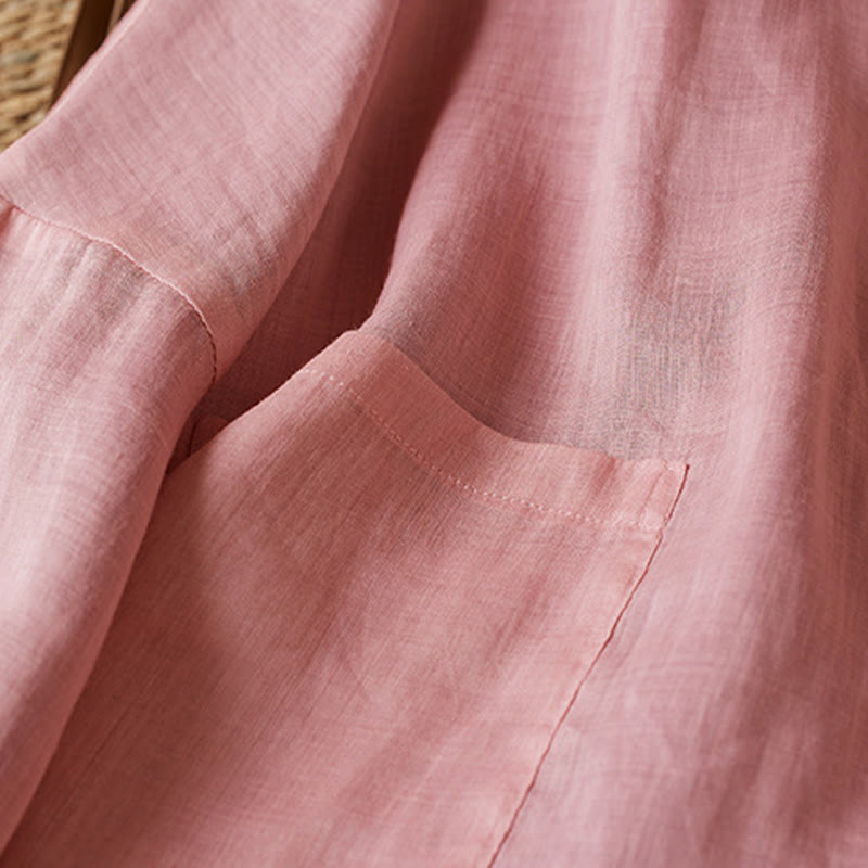 Camisa de algodón y lino con cuello en V, informal, de manga larga, color liso, talla grande, Buddha Stones para mujer