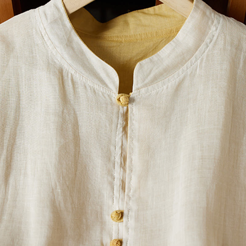 Camisa de algodón y lino con cuello en V, informal, de manga larga, color liso, talla grande, Buddha Stones para mujer