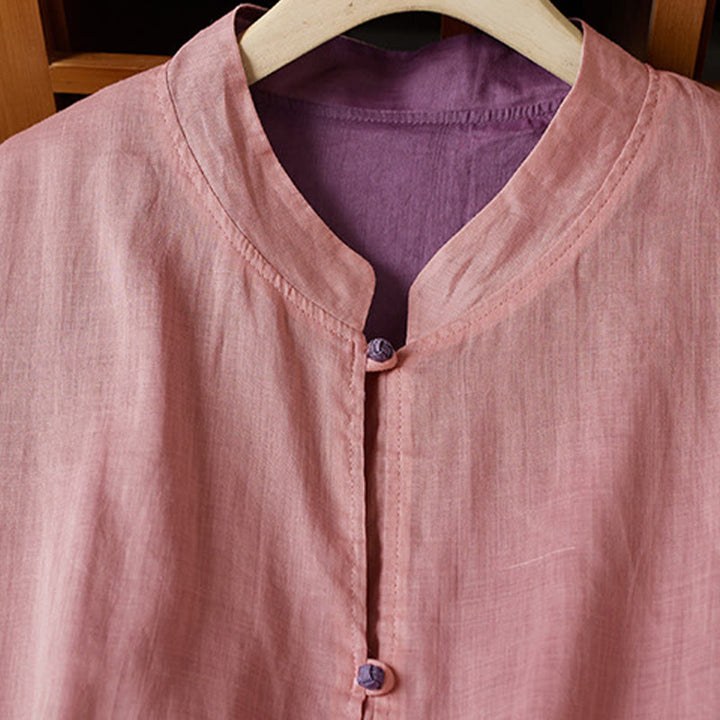 Camisa de algodón y lino con cuello en V, informal, de manga larga, color liso, talla grande, Buddha Stones para mujer