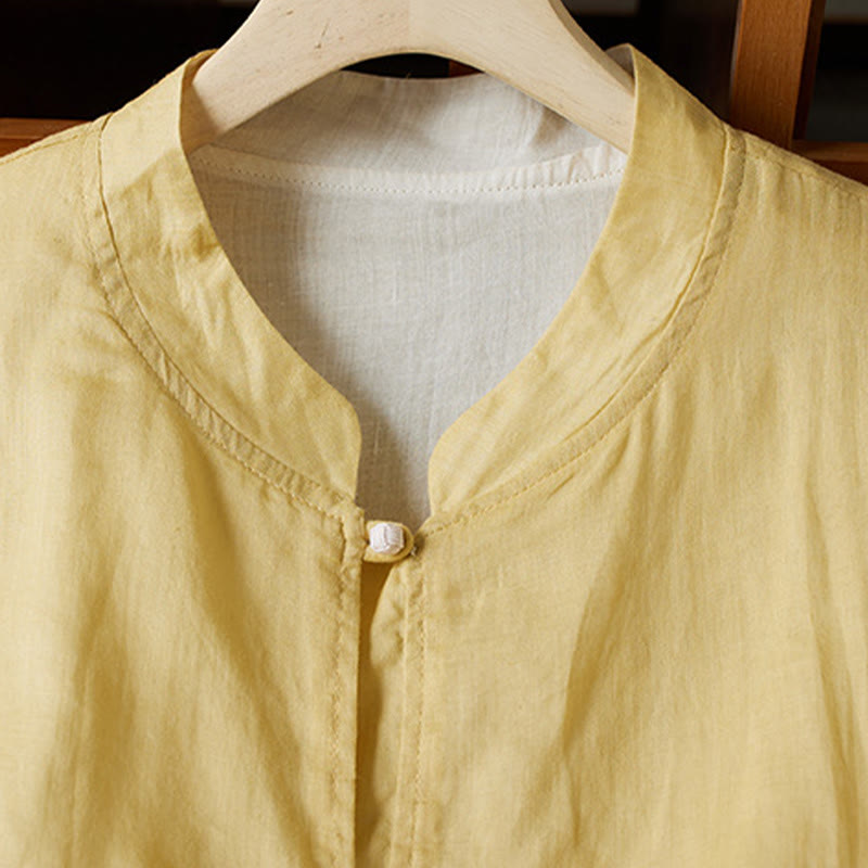 Camisa de algodón y lino con cuello en V, informal, de manga larga, color liso, talla grande, Buddha Stones para mujer