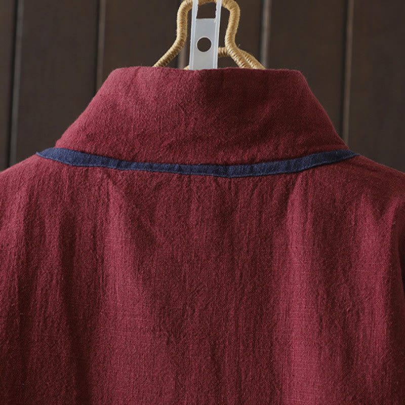 Chaqueta de mujer de algodón y lino con cuello alto, botones de rana y estampado de Buddha Stones en color liso. - image 3