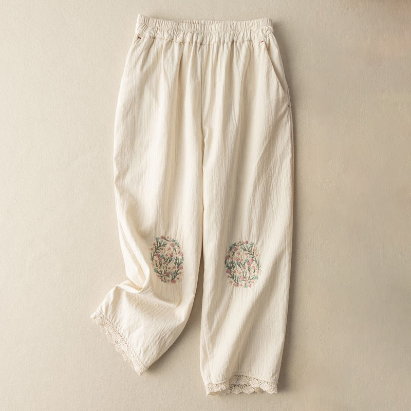 Pantalones harén de algodón con bordados y ribetes de encaje con Buddha Stones y bolsillos
