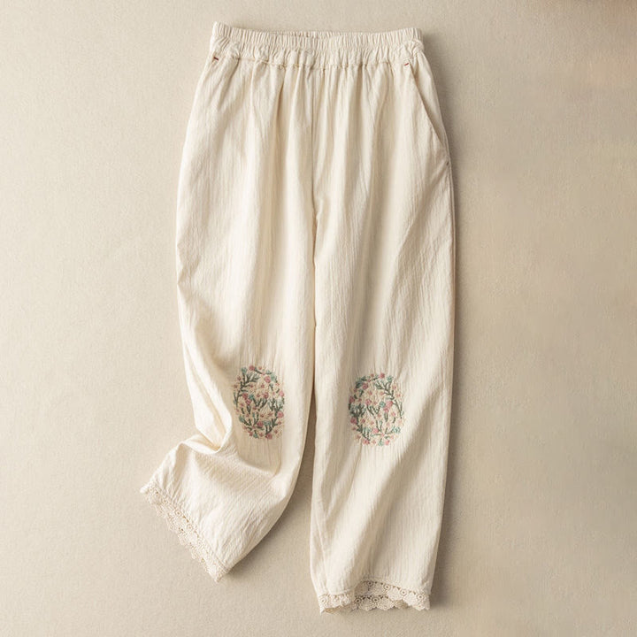 Pantalones harén de algodón con bordados y ribetes de encaje con Buddha Stones y bolsillos