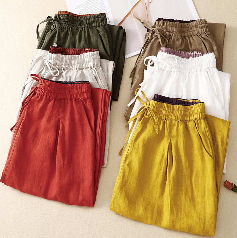 Pantalones harén de lino y algodón con cintura alta y bolsillos con cordones de estilo vintage Buddha Stones - image 1