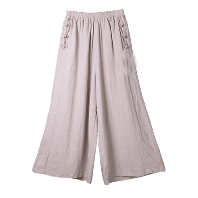 Pantalones casuales de algodón con botones de rana, cintura alta, pierna ancha y bolsillos de Buddha Stones