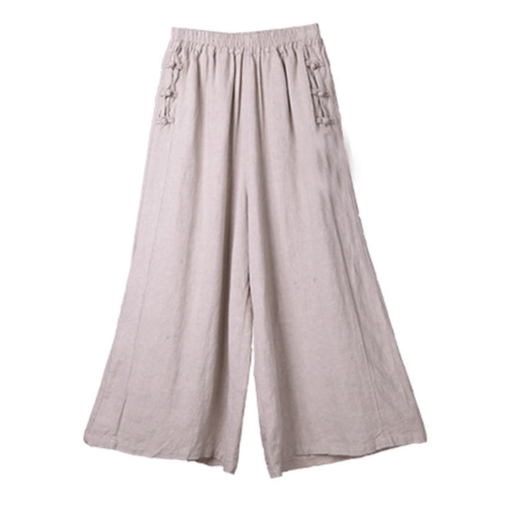 Pantalones casuales de algodón con botones de rana, cintura alta, pierna ancha y bolsillos de Buddha Stones