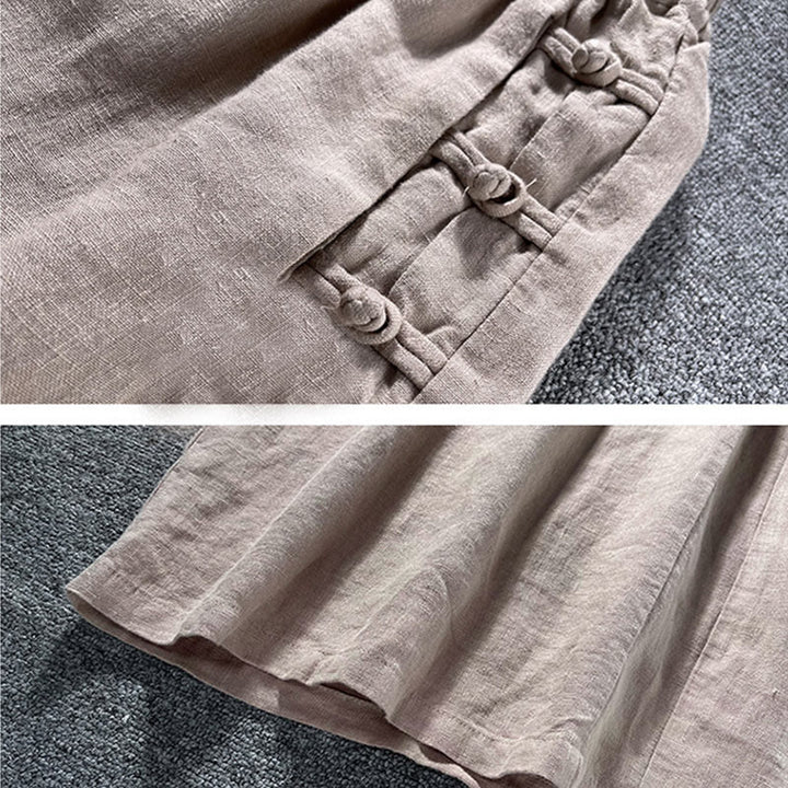 Pantalones casuales de algodón con botones de rana, cintura alta, pierna ancha y bolsillos de Buddha Stones