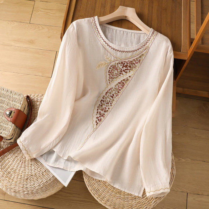 Jersey de lino y algodón con cuello redondo y bordado étnico de Buddha Stones - Sopa de mariscos - US8-10，UK/AU12-14，EU40-42 (2XL) - image 1
