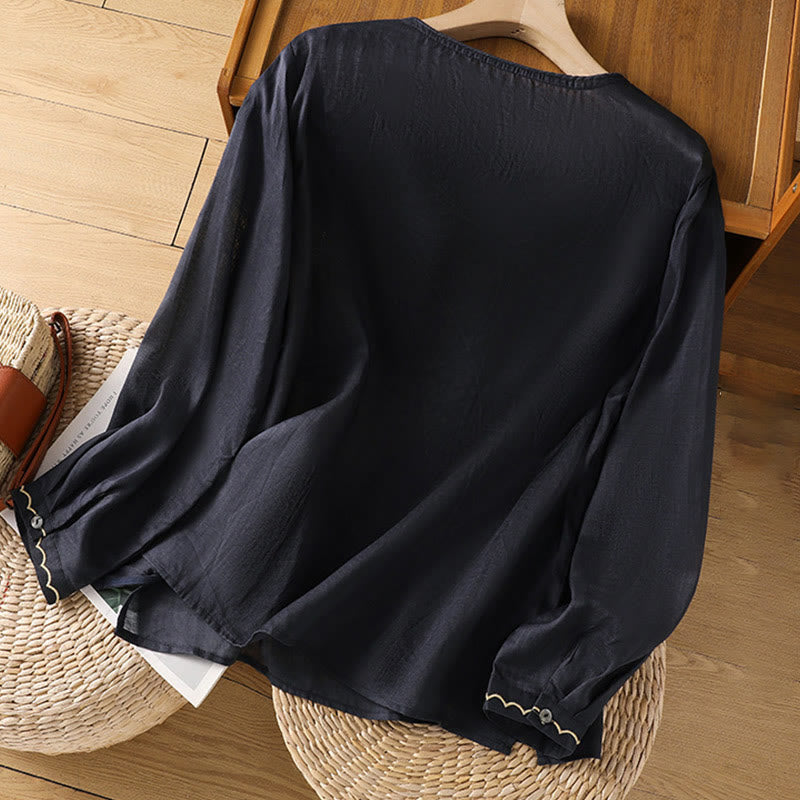 Jersey de lino y algodón con cuello redondo y bordado étnico de Buddha Stones - image 5