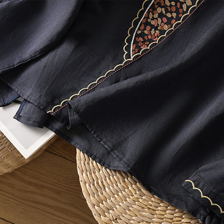 Jersey de lino y algodón con cuello redondo y bordado étnico de Buddha Stones - image 8