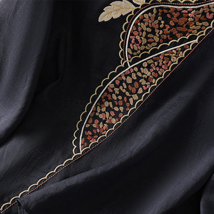 Jersey de lino y algodón con cuello redondo y bordado étnico de Buddha Stones - image 7